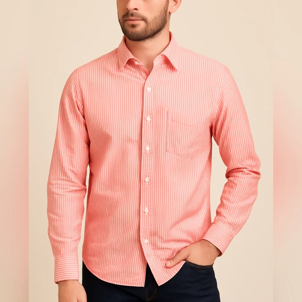 J. Crew Coral Pink White Striped Casual Button Down Cotton Shirt Classic Fit L/S
